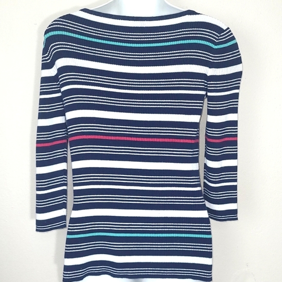 Liz Claiborne Boat Neck Striped Cotton Sweater Navy Pink Turquoise White Medium - Picture 3 of 4